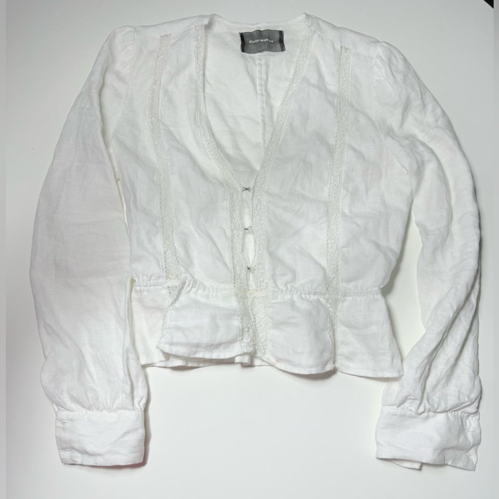 Reformation White Long Sleeve Lace Trim Blouse
